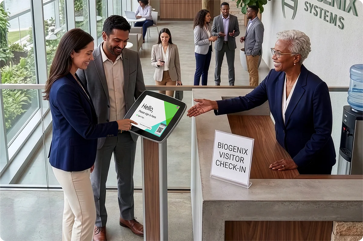 Guests sign in at a front desk using Sign In App for visitor check-in.
