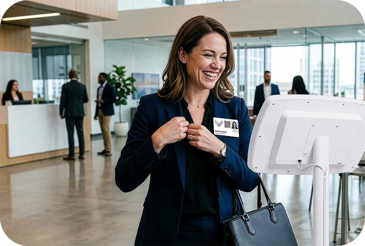 Woman applying name badge during visitor check-in with Sign In App.